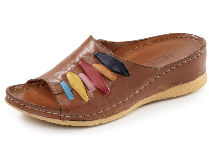 Gemini, trendy damesmuiltjes, breedte G, met elastische band COGNAC