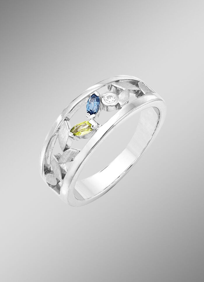 Damesring met echte peridoot, blauwe topaas, bewerkt en synthetische zirkonia 