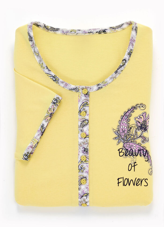 Tweepack nachthemden met lange knoopsluiting, borduurwerk en korte mouwen 1X GELB, 1X ROSA