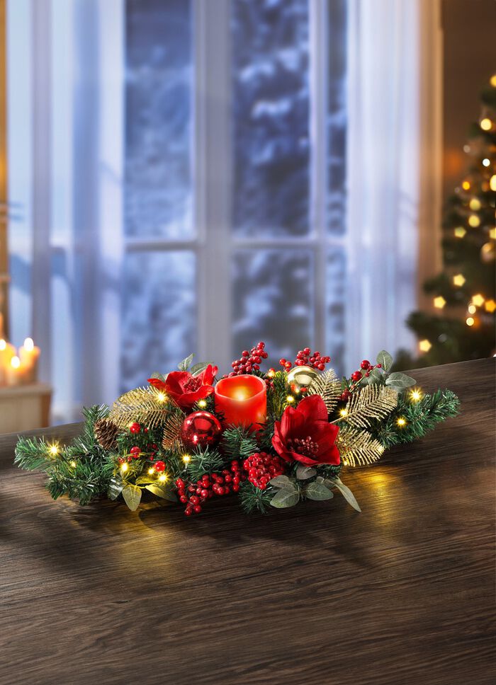 Tafelbloemstuk met echte waskaarsen met LED 