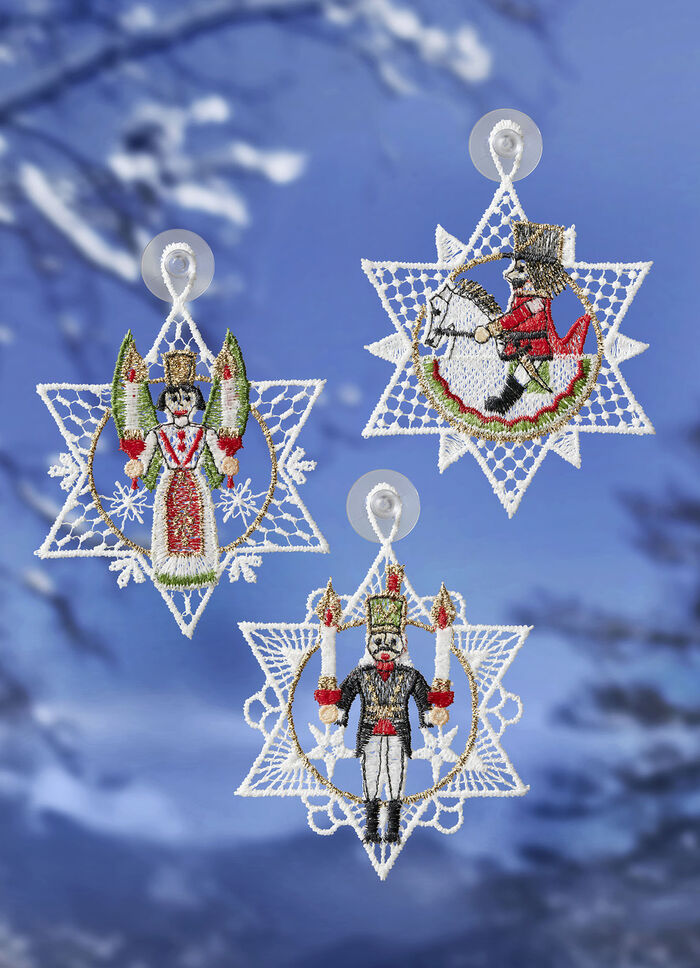 Raamschildering Erzgebirge, set van 3, gemaakt van echt Plauen kant 