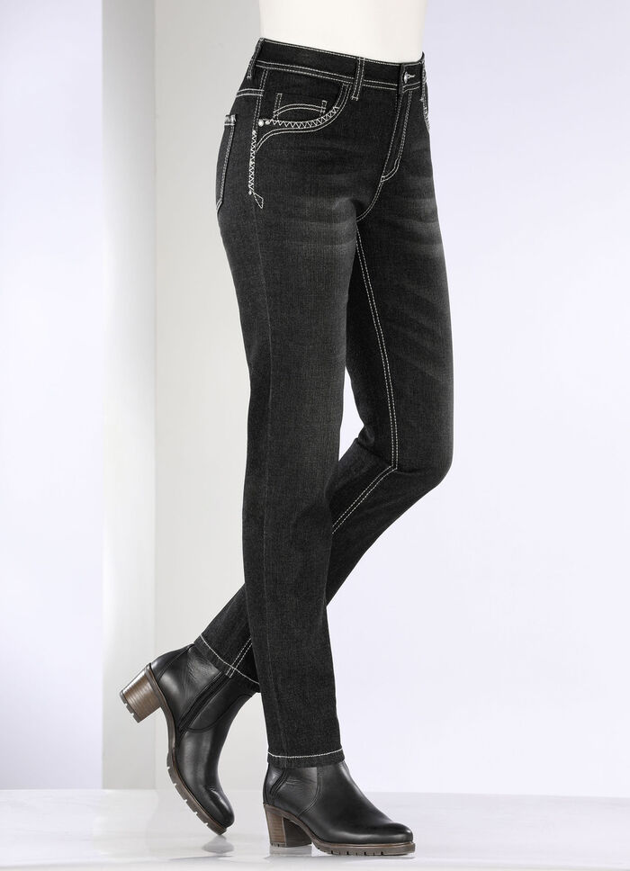 Jeans met siernaden en strass-steentjes ZWART