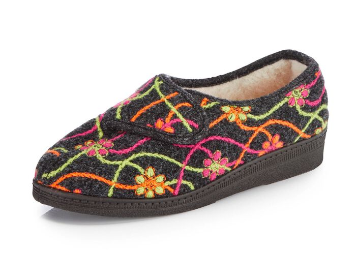 Klittenbandpantoffels met kleurrijk bloemenborduurwerk ANTRACIET-MEERKLEURIG