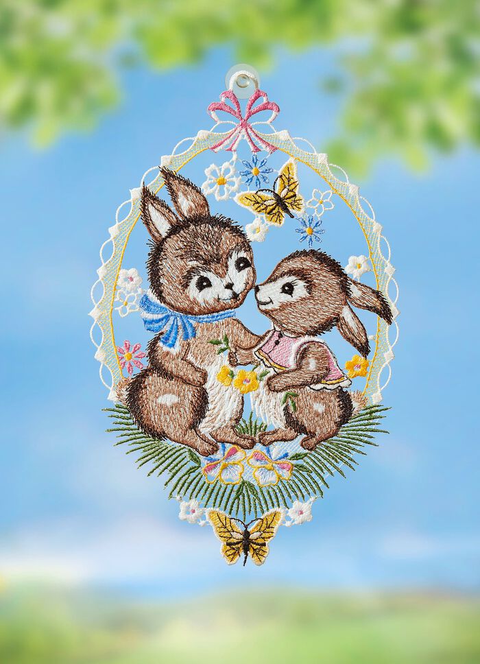 Raamfoto met een koppel konijnen gemaakt van Plauener Spitze 