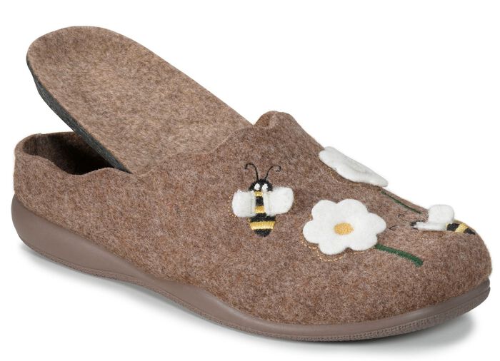 Laurina vilten pantoffels met schattige applicatie en borduursel NATUURBRUIN
