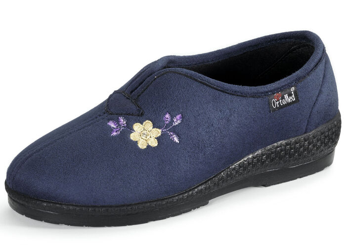 Klassieke damespantoffels, breedte H, met borduursel MARINE