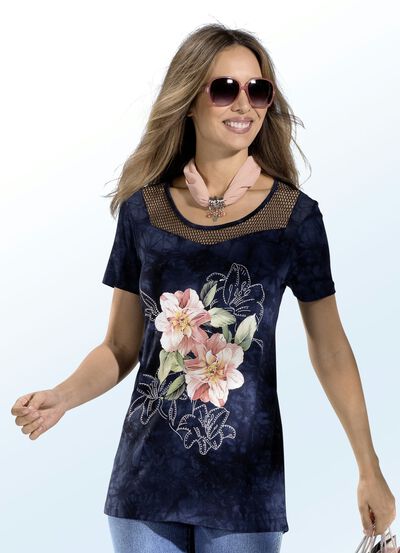 Longshirt met net-jersey-inzetstuk aan de decollet&eacute; 