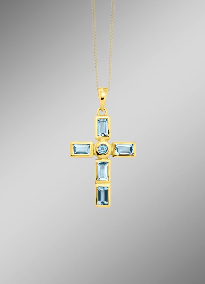 Interessante kruishanger met op maat gemaakt. blauwe topaas 