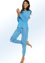 Pyjama van biologisch katoen met zij-inzetstukken met patroon AZUURBLAUW-MEERKLEURIG
