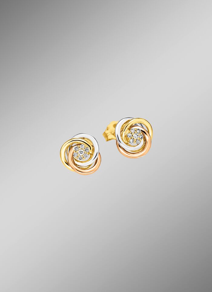 Glanzende driekleurige oorknopjes met 14 briljant geslepen diamanten 