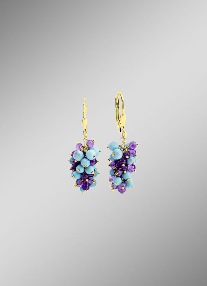 Druivenoorringen met echte amethist en geconserveerd. Turquoise 