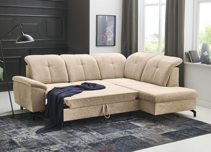 Moderne gestoffeerde hoek met bedfunctie en bedkast BEIGE