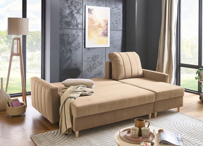 Gestoffeerde hoek met bedfunctie en bedkast BEIGE