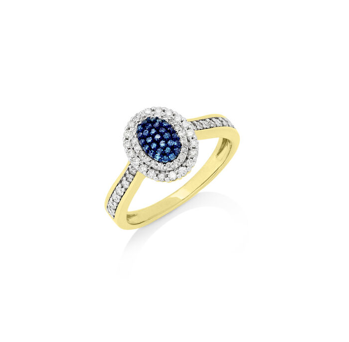 Damesring met witte briljant geslepen diamanten en blauwe diamanten 