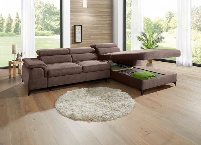 Gestoffeerde hoekeenheid met bedfunctie en verstelbare hoofdsteunen TAUPE