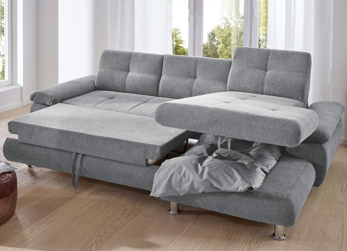 Mooie gestoffeerde hoekbank met slaapfunctie GRIJS