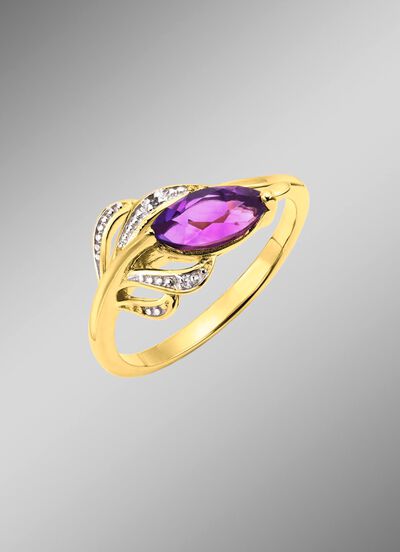 Elegante damesring met echte amethist en 2 diamanten 