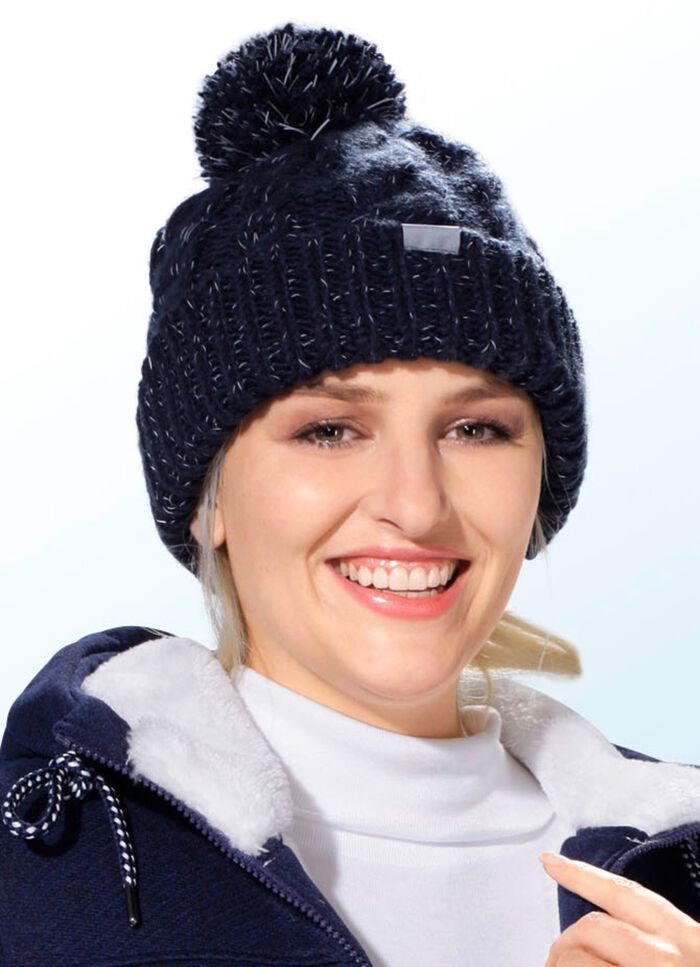 Kabelgebreide muts met pompon MARINE