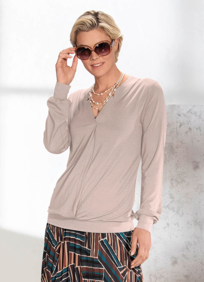 Shirt met V-hals en plooien in 3 kleuren ZAND