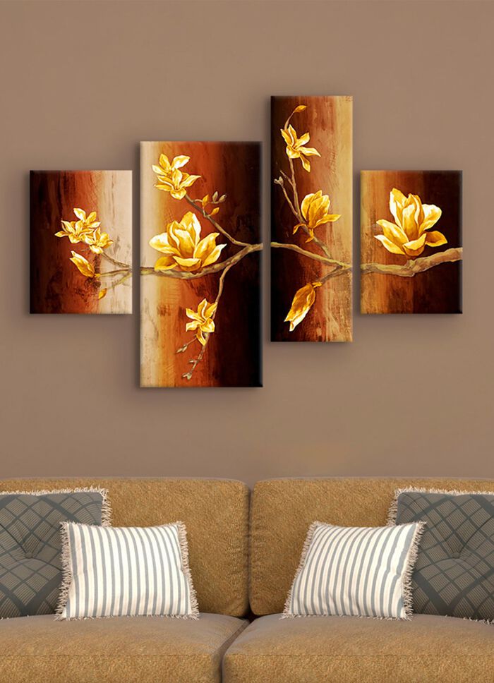 Schilderijenset, 4-delig, tak met magnolia bloesems BRUIN-GOUD