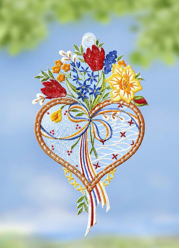 Raamdecoratie 'Hart', van echt kantwerk uit Plauen 