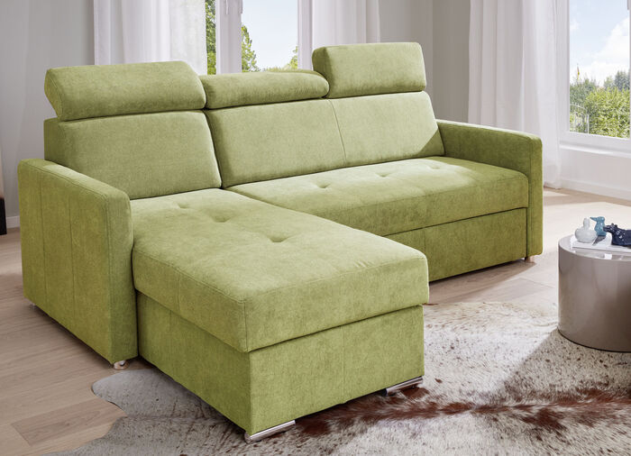 Hoekbank met slaapfunctie, met links of rechts monteerbare ligbank GROEN