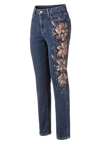 Elegante jeans met handgeschilderde bloemmotieven 