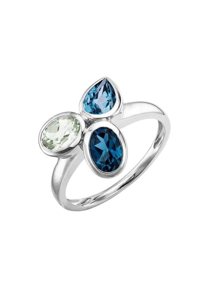 Harmonie van kleuren: damesring met blauwe topazen en groene amethist 