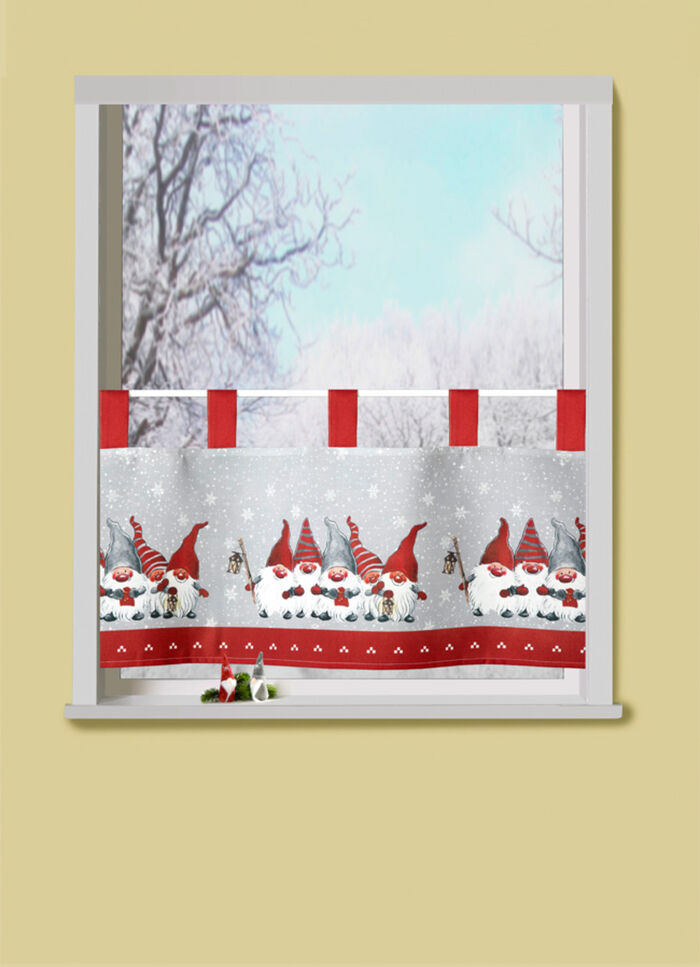 Korte venstervitrage 'kabouterfamilie' met lussen 