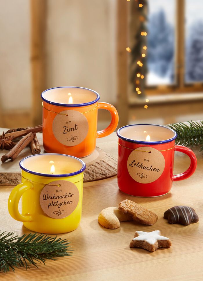 Kerst geurkaarsen, set van 3, in keramische kopjes 