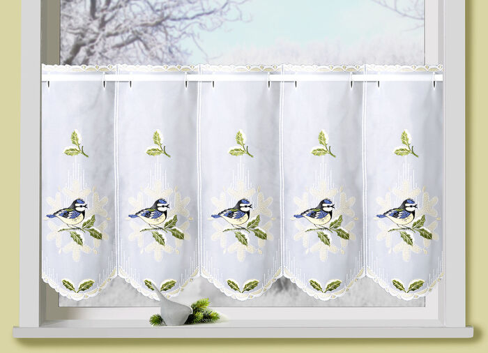 Korte venstervitrage pimpelmees van echt kantwerk uit Plauen met roedegoot 