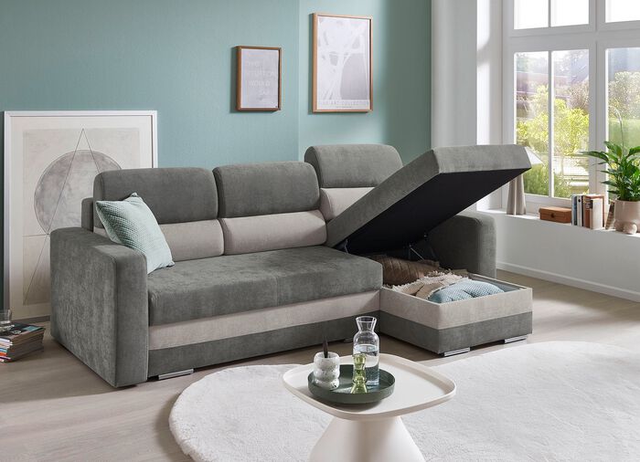 Comfortabele gestoffeerde hoekbank met bedfunctie 