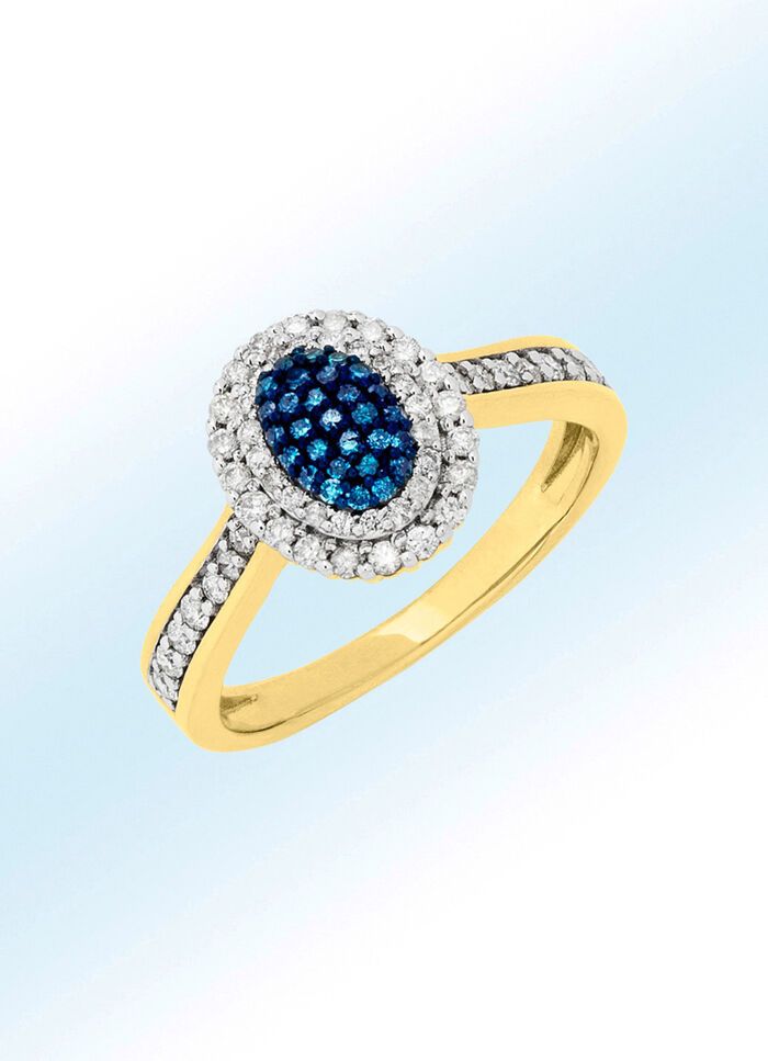 Damesring met witte briljant geslepen diamanten en blauwe diamanten 