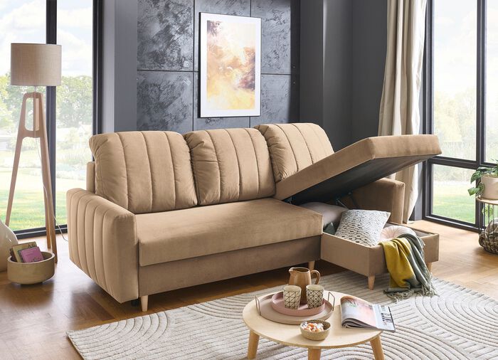 Gestoffeerde hoek met bedfunctie en bedkast BEIGE