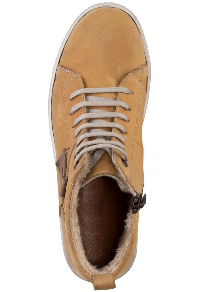 ELENA EDEN veterlaarsje van nubuckleer, met leren applicatie CURRY