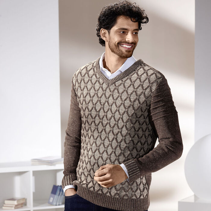 Gevlekte V-hals trui BEIGE-BRUIN MOTIEF