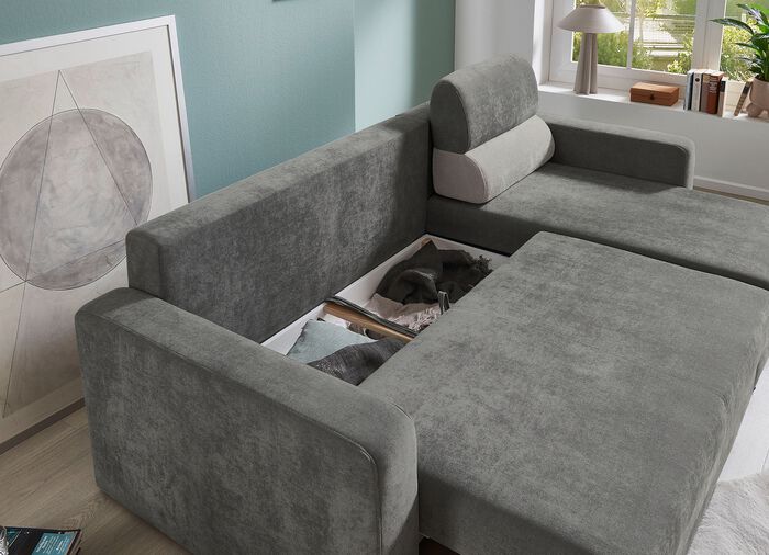 Comfortabele gestoffeerde hoekbank met bedfunctie 