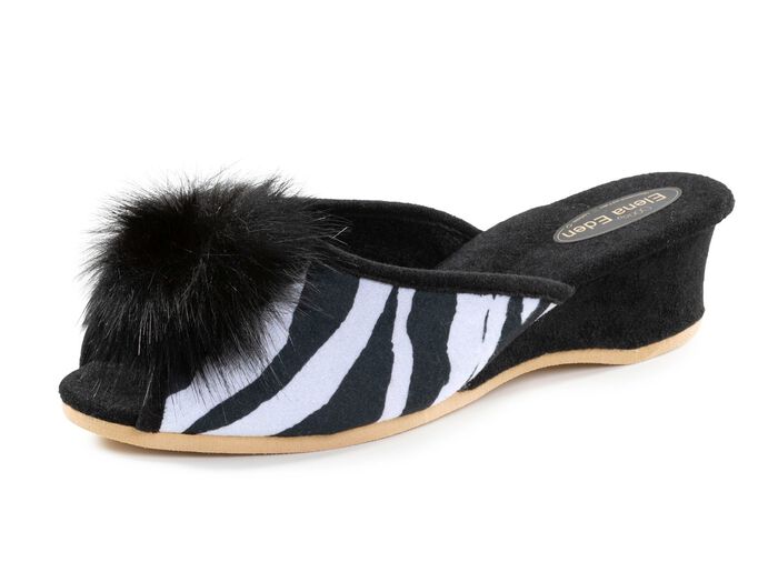 ELENA EDEN, chique damesmuiltjes, breedte G, met imitatiebont pompon ZWART-WIT