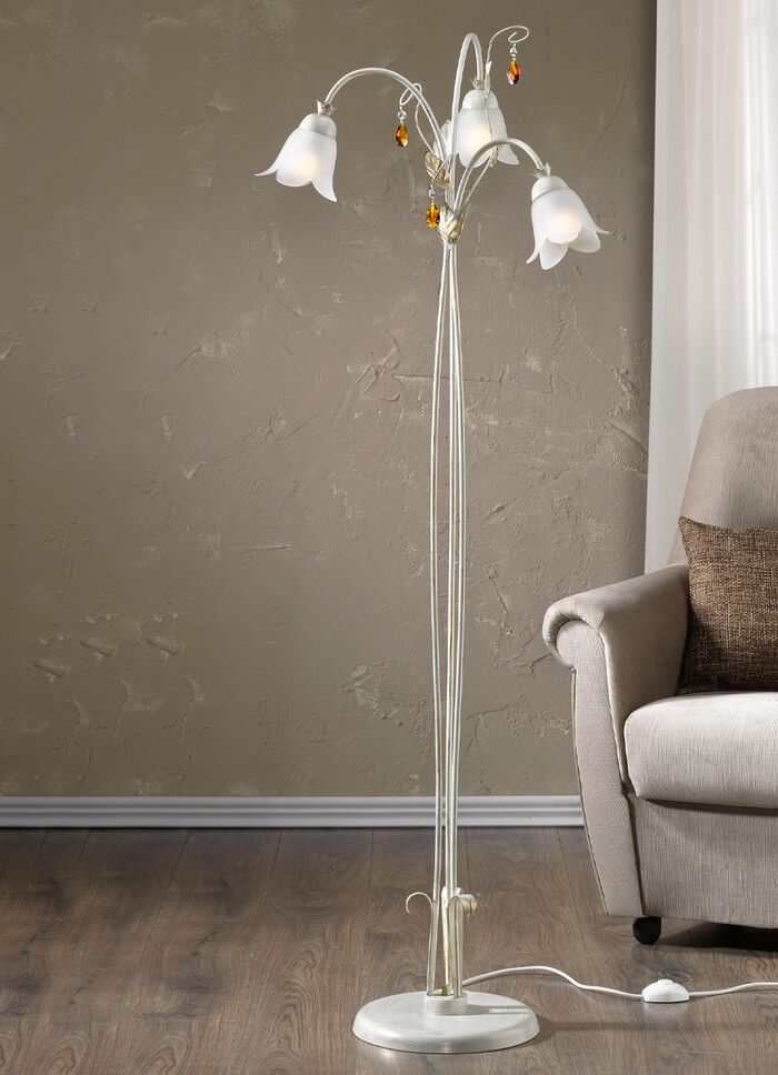 Vloerlamp met ijzeren frame en glazen lampenkappen 