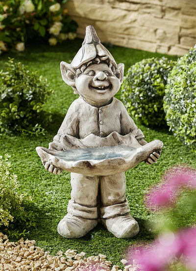 Kabouter met vogelbad van weerbestendig polyresin 