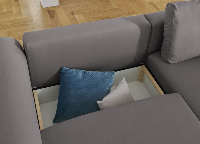Gestoffeerde hoek met bedfunctie en decoratieve kussens GRIJS