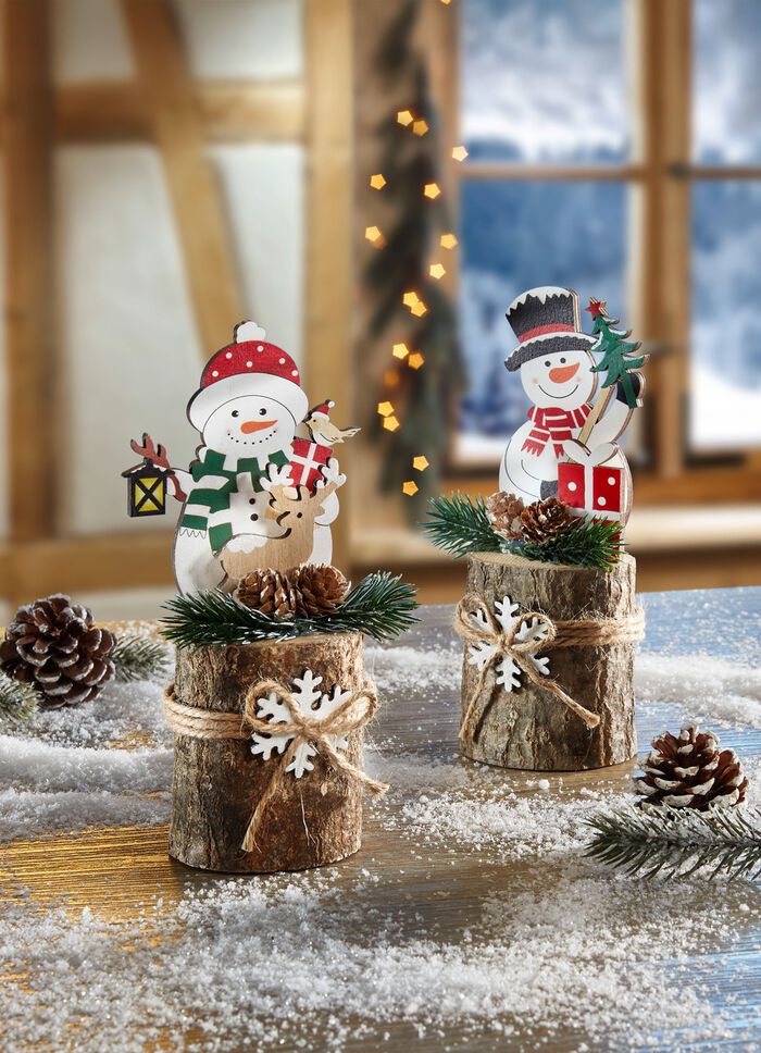 Sneeuwpop op een boomstam, set van 2 