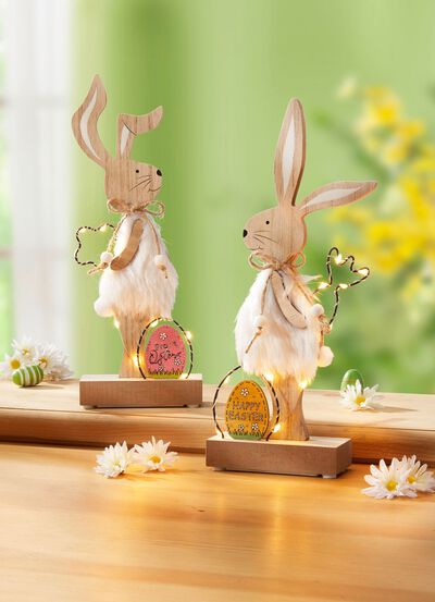 Verlichte houten konijnen, set van 2 