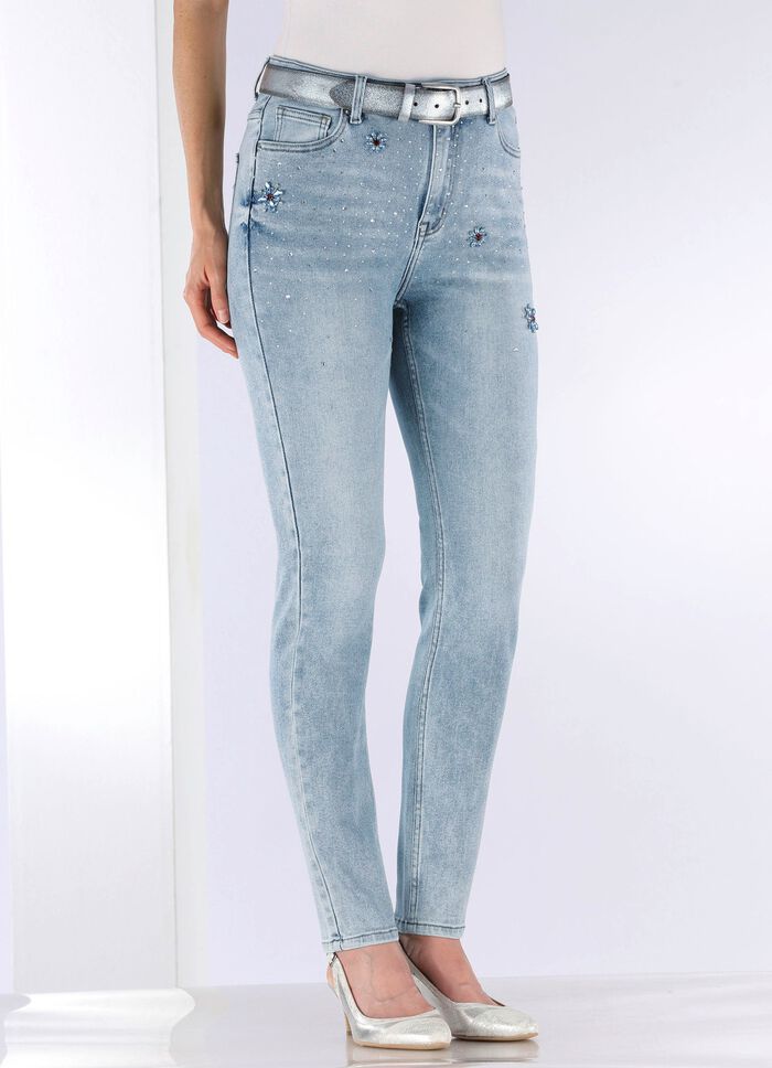 Jeans met strassversiering en glanzende bloemmotieven 