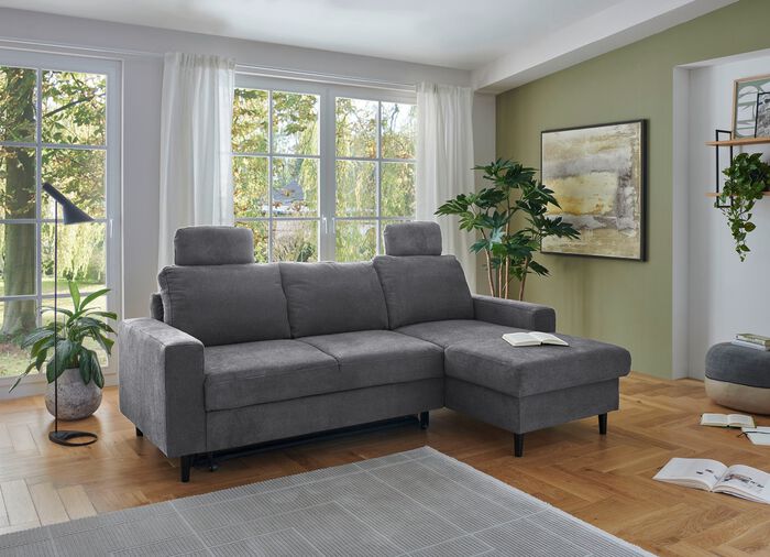 Hoekbank met bedfunctie en chaise longue ANTHRAZIT