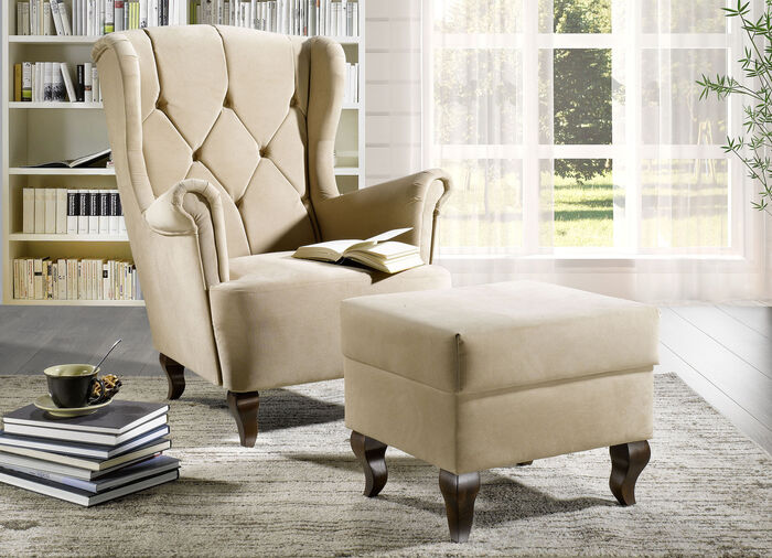 Oorfauteuil met kruk BEIGE