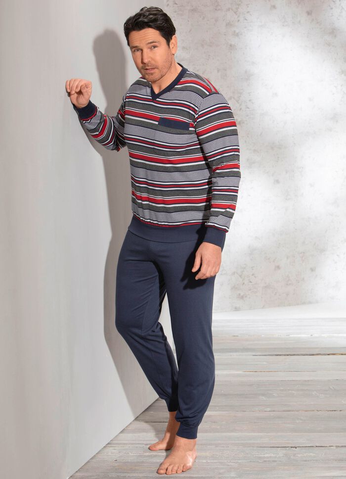 Pyjama met V-hals, borstzak en garengeverfd gestreept dessin 