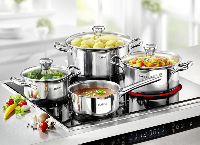 Tefal pannenset Duetto gemaakt van hoogglans gepolijst roestvrij staal 