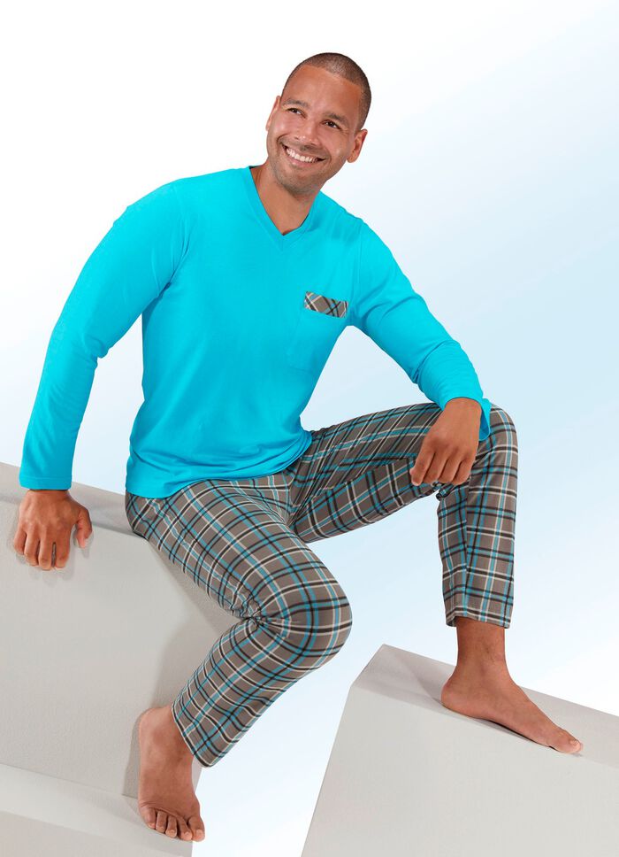 Pyjama met V-hals, borstzak en ruitmotief 