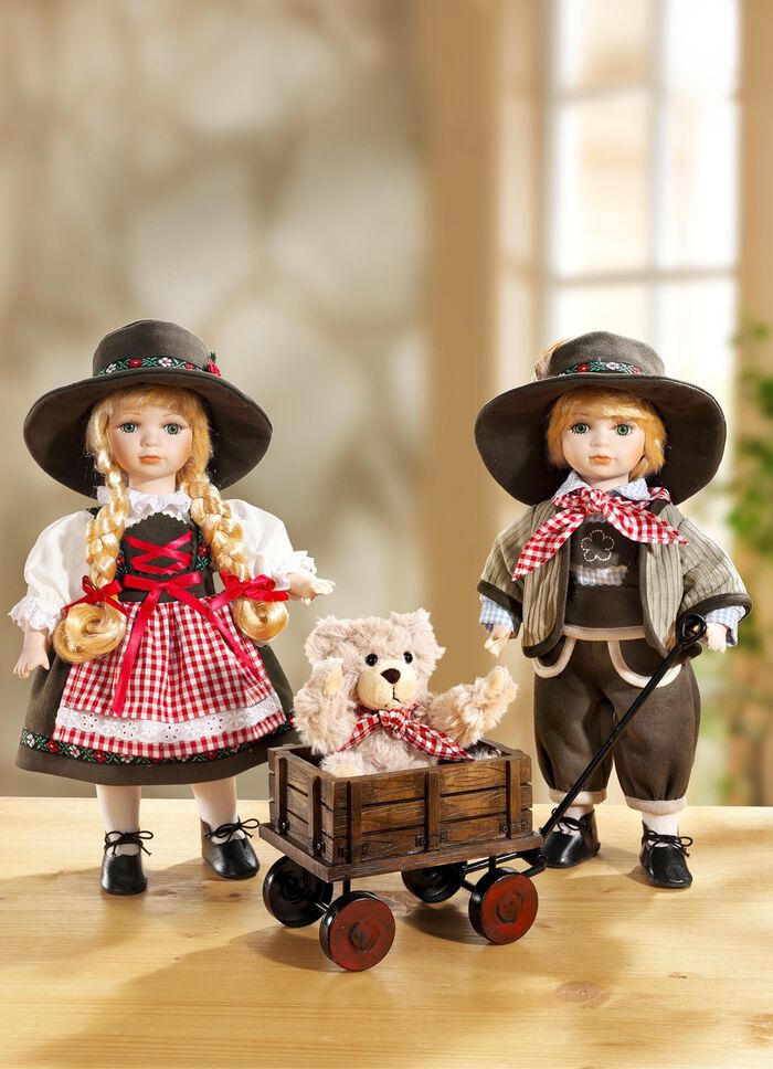Paar poppen met teddybeer in handkar, set van 3 